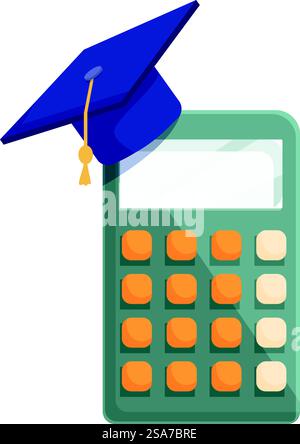 Graduation cap is sitting on a calculator, conveying the concept of the cost of education. Graduation cap resting on calculator symbolizing financial aid Stock Vector