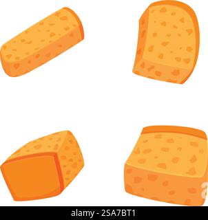 Illustration of different cuts of cheddar cheese, isolated on white background. Various types of cheddar cheese isolated set Stock Vector