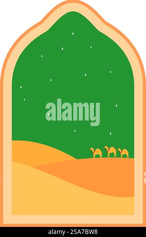 Illustration of a caravan of camels walking through the desert under a starry night, framed by an oriental arch window. Caravan of camels walking through desert under starry night in oriental arch window Stock Vector