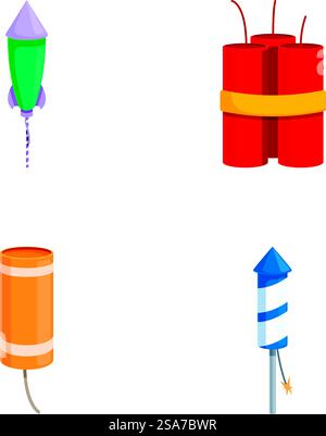 Set of four cartoonstyle firework icons isolated on a white background. Colorful cartoon firework icons collection Stock Vector