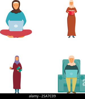 Illustrations depicting muslim women in various activities, showcasing diversity and inclusion. Diverse set of muslim women characters Stock Vector