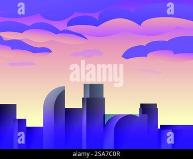 Illustration of a big city with skyscrapers at sunset with purple and orange colors. Beautiful sunset over big city with purple and orange sky Stock Vector