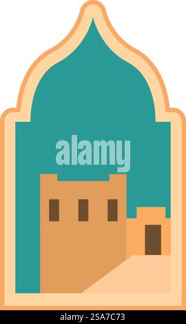 Illustration featuring a traditional arabic style building framed within an ornate archway. Traditional arabic architecture building framed inside arch Stock Vector