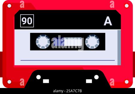 Red audio cassette tape playing music, a nostalgic symbol of the 80s and 90s. Red audio cassette tape playing music Stock Vector