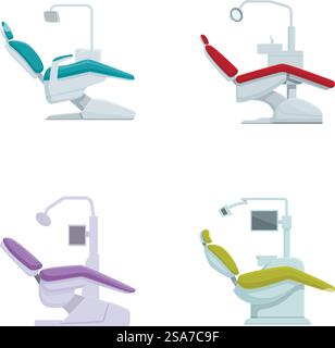 Four different styles of dental chairs in a clean, vector format, suitable for dental service designs. Set of modern dentist chairs vector illustration Stock Vector
