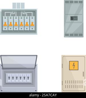 Array of modern electrical panels and circuit breakers, detailed in flat design. Set of various electrical panels and circuit breakers Stock Vector