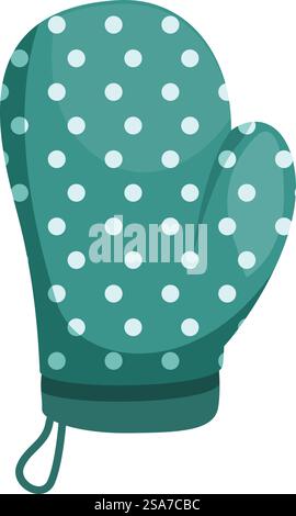 Green oven mitt with white polka dots, kitchen utensil for hot dishes. Green oven mitt with white polka dots hanging on white background Stock Vector