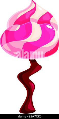 Candy tree with a pink and white swirled top is growing in a fantasy world. Whimsical candy tree growing in fantasy world Stock Vector
