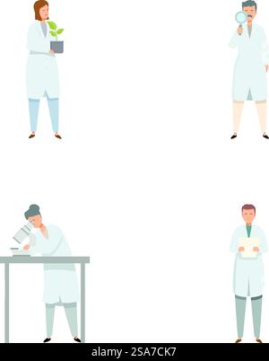 Collection of four scientists engaged in various activities such as research, analysis, and observation. Set of diverse scientists in lab coats performing tasks Stock Vector