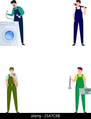 Illustration of diverse professionals including a plumber, washer repairman, and more. Set of professional workers in action Stock Vector
