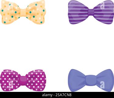 Set of four stylish bow ties in different colors and patterns isolated on white background. Colorful bow tie collection illustration Stock Vector