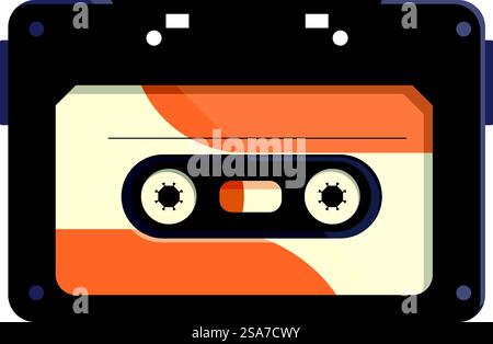 Black and orange audio cassette tape playing music, isolated over white background. Audio cassette tape playing music from the eighties Stock Vector