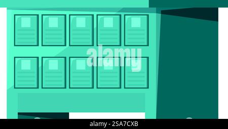 Turquoise terminal for storing letters and parcels, awaiting collection. Modern postal terminal with open empty cells for correspondence Stock Vector