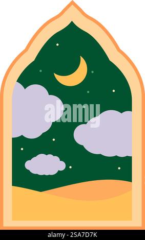 Colorful illustration depicting the desert at night through an arabian window with a crescent moon in the sky. Arabian window showing crescent moon shining over desert at night Stock Vector