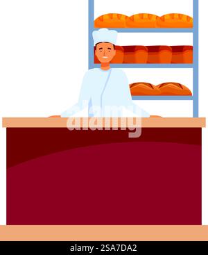 Baker smiling standing behind counter, fresh bread arranged on shelves in the background. Baker smiling standing behind counter with bread shelves in the background Stock Vector