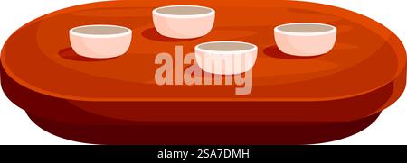 Wooden tea table holding four cups for traditional ceremony. Four cups for tea ceremony standing on a wooden table Stock Vector
