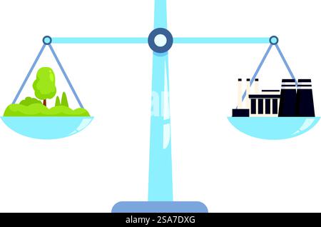 Illustration of a balance scale comparing nature and industrial pollution highlighting environmental issues. Balance scale comparing nature and industrial pollution highlighting environmental issues Stock Vector