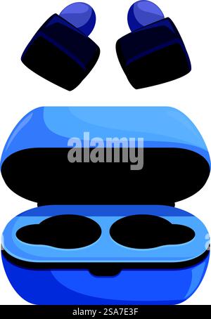 Open blue wireless earbuds case is floating above, showing the charging ports. Open wireless earbuds case floating above showing charging ports Stock Vector