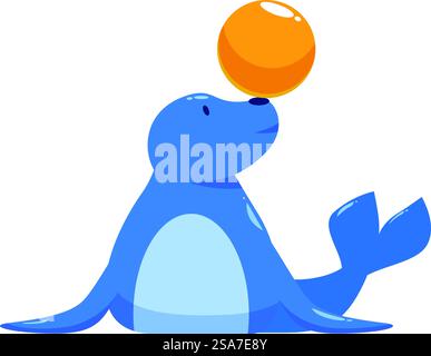 Cute and playful cartoon seal balancing an orange ball on its nose ...