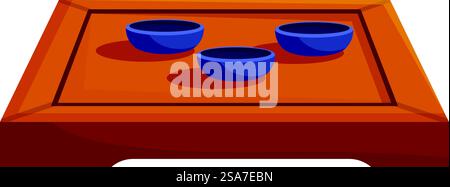 Wooden tea ceremony table holding three blue teacups, ready for a traditional tea ritual. Wooden tea ceremony table holding three blue teacups Stock Vector