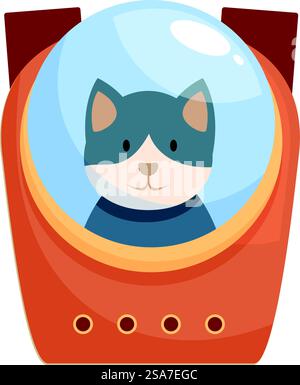 Cartoon cat astronaut in space suit is sitting in rocket capsule and getting ready for spaceflight. Cartoon cat astronaut sitting in spaceship taking off to space Stock Vector