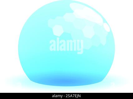 Blue sphere showing hexagonal shapes reflecting light on white background. Abstract blue sphere with hexagonal shapes reflecting light Stock Vector