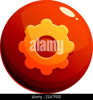 Cartoon style icon depicting a shiny orange globe with a yellow cogwheel, conveying settings or customization options. Orange globe icon showing a cogwheel representing settings Stock Vector