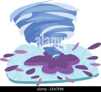 Cartoon illustration of a blue tornado wreaking havoc, ripping off a building&rsquo;s roof and sending debris flying. Blue tornado destroying building roof with debris flying around Stock Vector