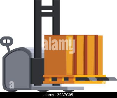Forklift is carrying heavy cardboard boxes loaded on wooden pallet. Forklift is lifting pallet with cardboard boxes in warehouse Stock Vector