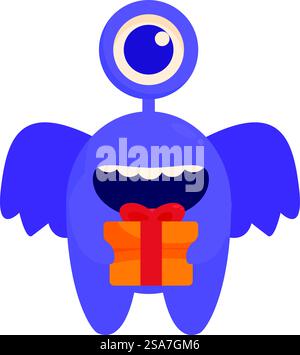 Cute, smiling, one eyed purple monster holding a gift box. Happy one eyed purple monster holding a gift box Stock Vector