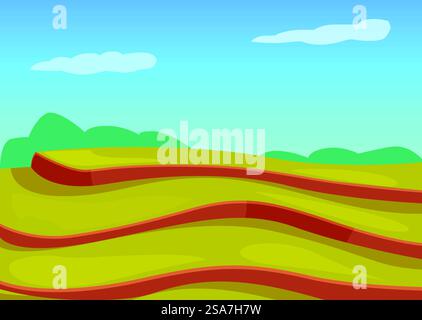 Beautiful landscape with cultivated fields stretching over rolling hills on sunny day. Cartoon illustration of cultivated fields stretching over rolling hills on sunny day Stock Vector
