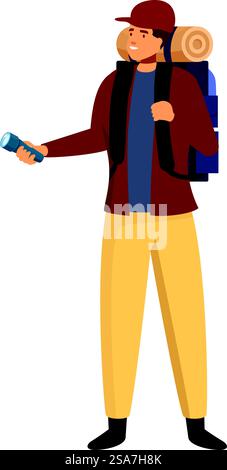 Male tourist carrying backpack and holding flashlight, hiking in forest, camping adventure. Smiling tourist holding flashlight and exploring new place Stock Vector