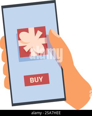 Hand holding smartphone with gift box on screen and pressing buy button. Customer buying gift online using mobile application for shopping Stock Vector