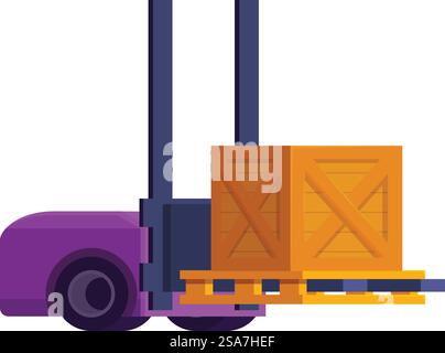 Forklift is carrying wooden box, delivering service and distribution center concept. Forklift is lifting wooden box on pallets in warehouse Stock Vector