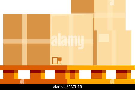 Cardboard boxes placed on wooden pallet, cargo, delivery and transportation concept. Cardboard boxes of different sizes stacked and ready for shipping on wooden pallet Stock Vector