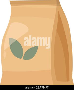 Paper package is showing its side, revealing a logo with two leaves, suggesting it contains a bio product. Paper package with leaves logo containing bio product Stock Vector
