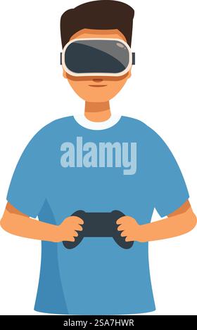 Young man is enjoying a vr experience, using a game controller while wearing a virtual reality headset. Young man playing with vr glasses holding game controller Stock Vector