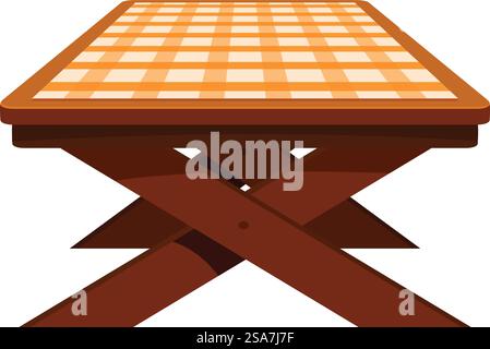 Wooden folding table with an orange checkered tablecloth covering the top, perfect for picnics or outdoor dining. Wooden folding table with orange checkered tablecloth covering top Stock Vector