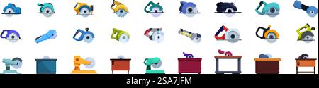 Circular saw machine icons set. Collection of circular saw icons showing woodworking and construction tools for cutting wood, metal, concrete, or other materials. Circular saw machine icons set. Circular saw icons showing woodworking and construction tools Stock Vector