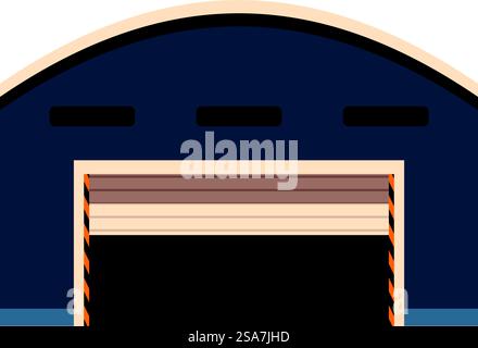 Large industrial building with a closed roller shutter door and warning markings on the ground. Large industrial building with closed roller shutter door Stock Vector