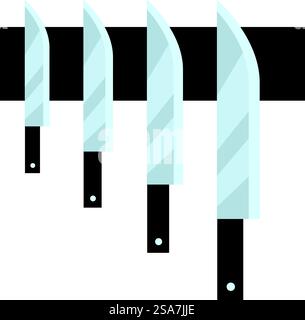 Set of five kitchen knives of different sizes is hanging on a magnetic strip holder. Set of kitchen knives hanging on magnetic strip holder Stock Vector