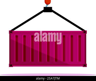 Red metal cargo container being lifted by a crane hook, freight transportation by shipping. Crane hook lifting red cargo container, freight transportation by shipping Stock Vector