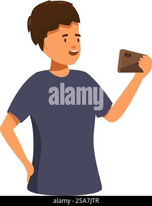 Young man is recording a video blog, holding a smartphone in his hand. Young man holding smartphone and smiling recording video blog Stock Vector