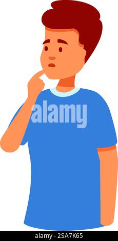 Young man is deep in thought, touching his face with a thoughtful expression. Pensive young man touching face in contemplation Stock Vector