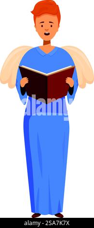 Male angel character wearing blue robe reading bible. Young angel with wings reading a book of wisdom Stock Vector