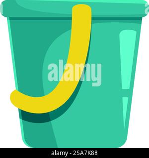 Green plastic bucket with yellow handle standing upright, for playing with sand on the beach. Plastic sand bucket standing with yellow handle for beach games Stock Vector