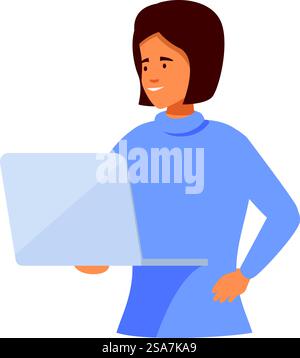 Smiling woman holding laptop working remotely from home office. Smiling woman is holding a laptop while working from home Stock Vector