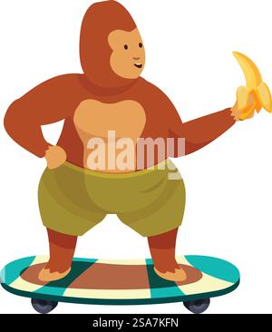 Funny gorilla wearing shorts is riding skateboard and holding banana. Cartoon gorilla character enjoying skateboarding and eating banana Stock Vector