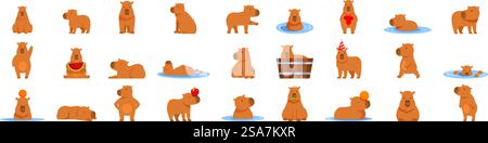 Capybara icons set. Collection of adorable capybara in various poses and actions, showcasing the charm of this giant rodent species. Capybara icons set. Set of funny capybara character engaging in different activities like swimming, eating, and playing Stock Vector