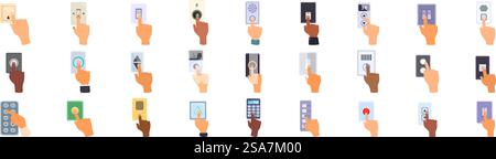 Finger pressing wall button icons set. Diverse hands pressing buttons pushing switches controlling access activating devices. Finger pressing wall button icons set. Collection of hands pressing buttons, symbolizing control, access, and activation Stock Vector
